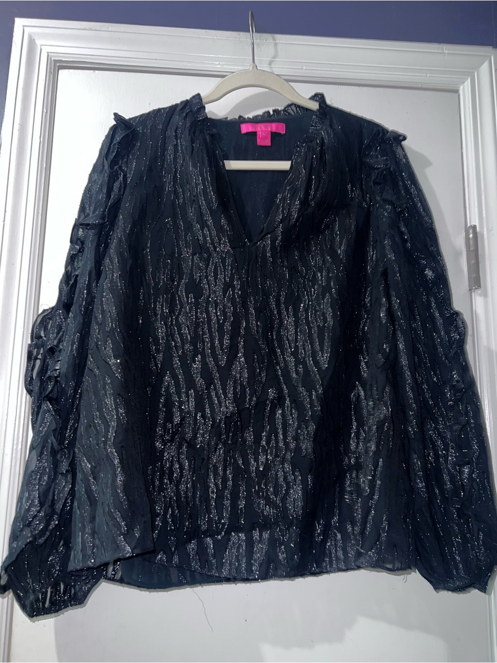 Lilly Pulitzer Black Sheer Metallic V-Neck Ruffle Blouse